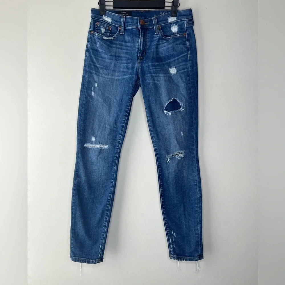 J. Crew distressed toothpick skinny jeans size 28 dark blue wash comfy